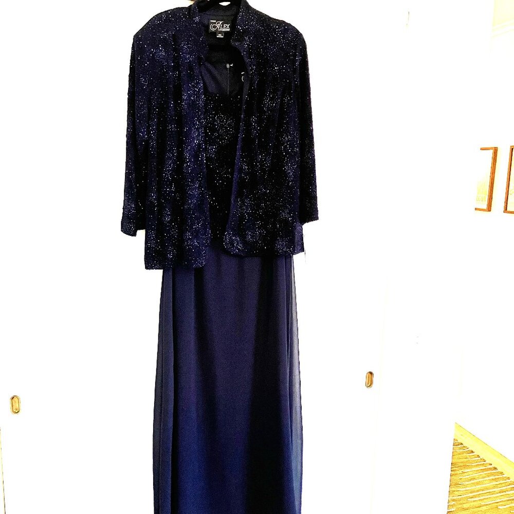 Alex Evenings Woman Navy Formal Maxi Sleeveless Dress & 3/4 Sleeve Jacket Set Si
